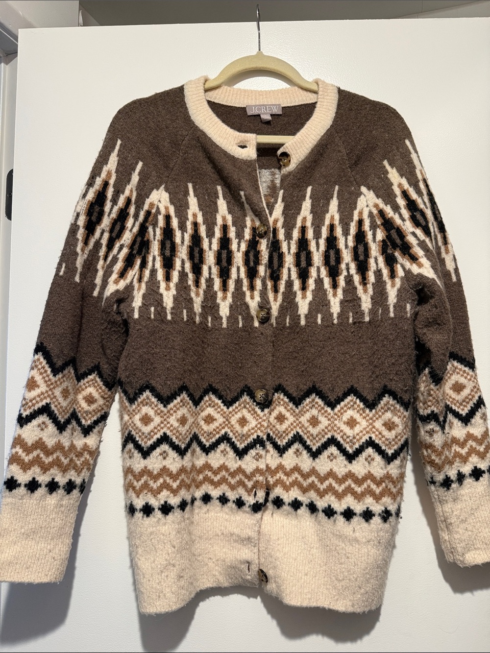 J. Crew Brown, Cream and Black Fair Isle Wool-Blend Cardigan